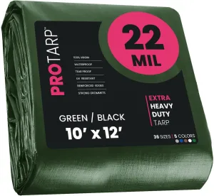PROTARP Extreme Heavy Duty 22 Mil Tarp Cover, Waterproof, UV Resistant, Rip and Tear Proof, Poly Tarpaulin with Reinforced Edges for Roof, Camping, Patio, Pool, Boat. (Green/Black 10′ X 12′)