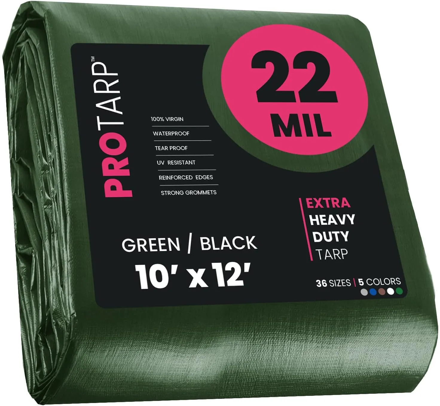 PROTARP Extreme Heavy Duty 22 Mil Tarp Cover, Waterproof, UV Resistant, Rip and Tear Proof, Poly Tarpaulin with Reinforced Edges for Roof, Camping, Patio, Pool, Boat. (Green/Black 10′ X 12′)