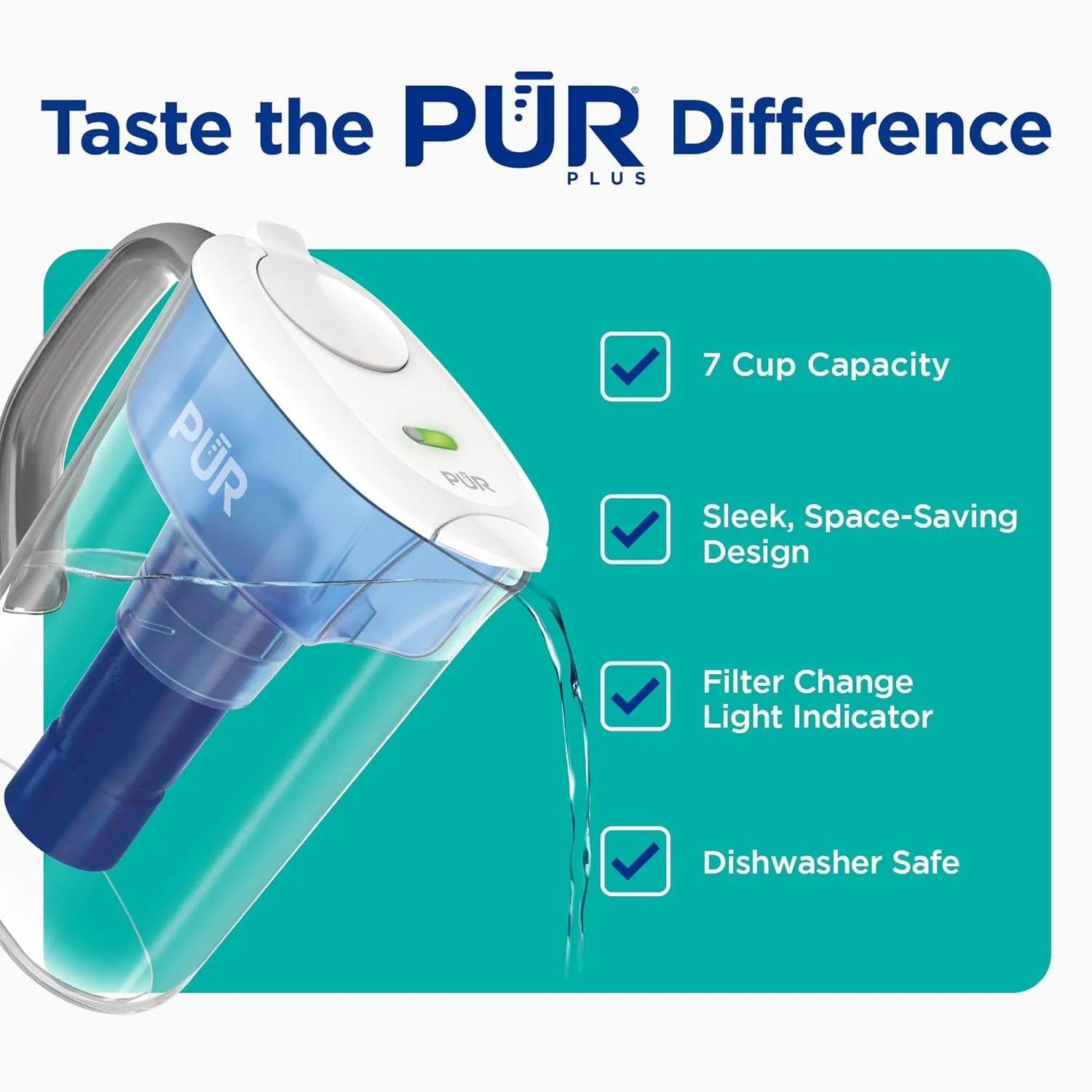 PUR PLUS 7-Cup Water Filter Pitcher with 1 Lead-Reducing PUR Plus Filter, Dishwasher Safe, Powerful Filtration, Filter Change Indicator Light, White, PPT711W