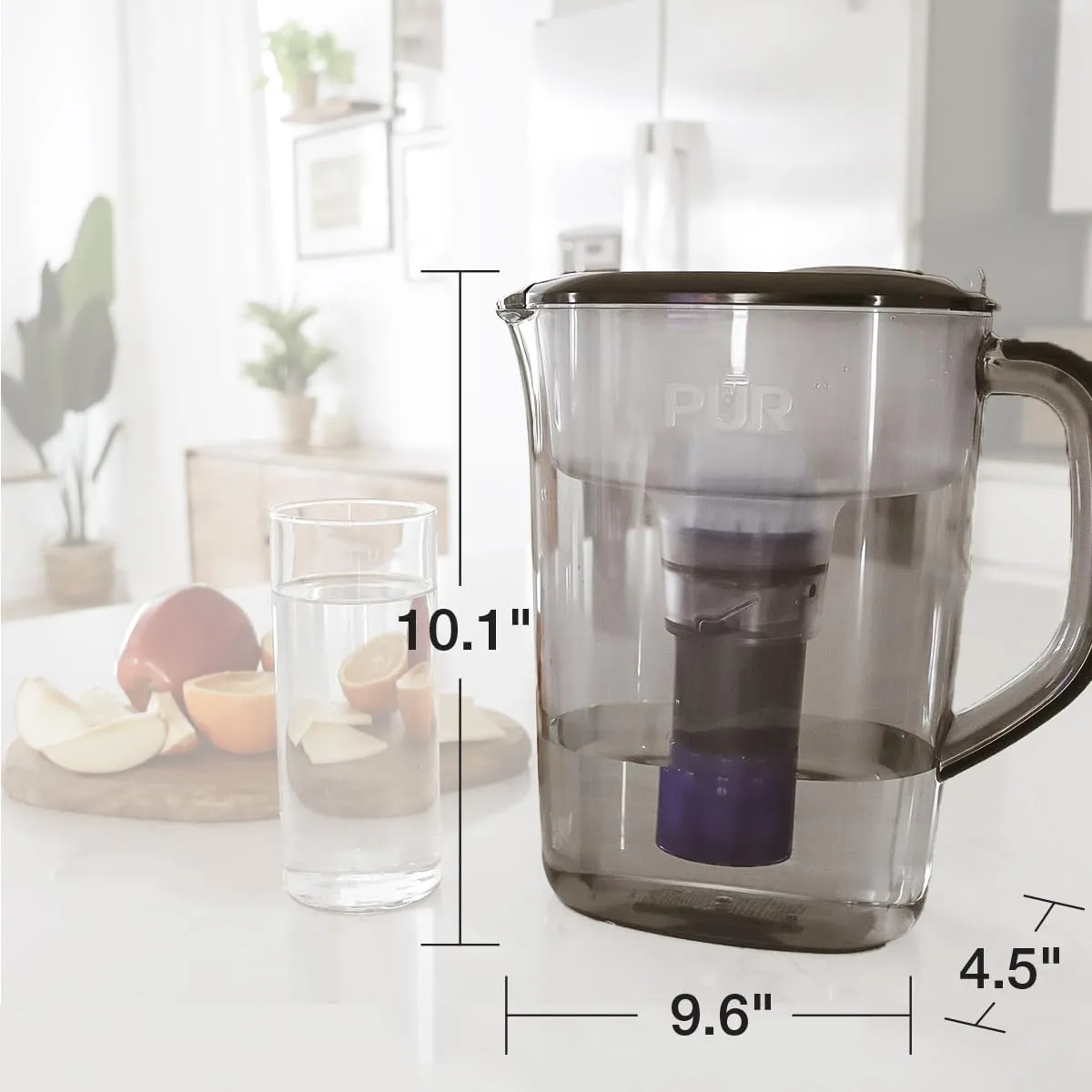 PUR Plus 7-Cup Water Pitcher, 1 Lead-Reducing Filter, Cleaner, Great-tasting Water, Dishwasher Safe, Powerful Filtration, Filter Change Light Indicator, LockFit Cap Design - Smoke