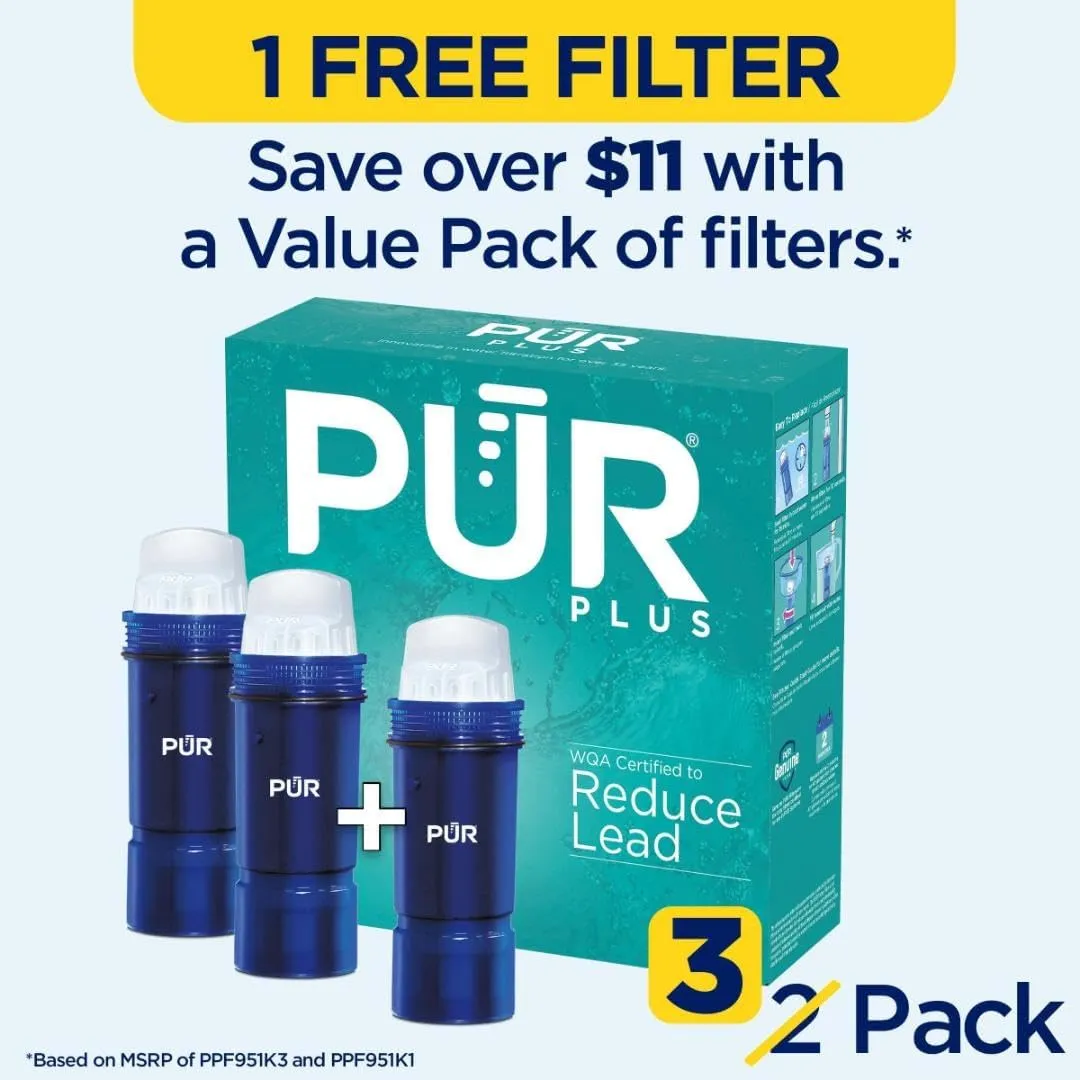 PUR PLUS Lead Reducing Water Pitcher and Dispenser Replacement Filter, Value Pack, 6-month Supply, Compatible with all PUR Pitchers and Dispensers, Blue, 3 Count, PPF951K3