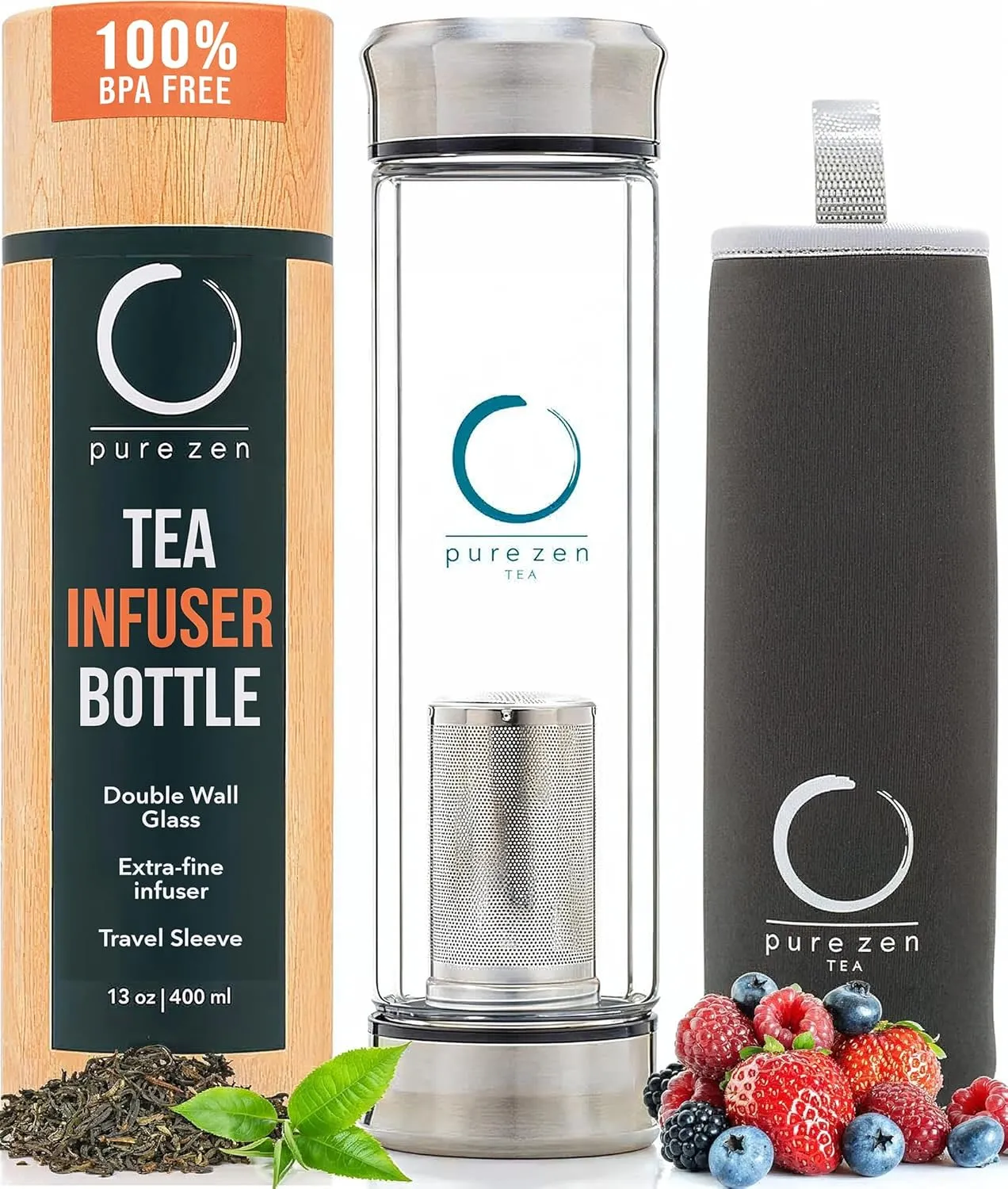 Pure Zen Tea Tumbler with Infuser - Double Wall Glass Travel Mug with Stainless Steel Filter - Leakproof Tea Infuser Bottle for Loose Leaf Infusions and Fruit Infused Water - Unique Gift Set - 13 oz
