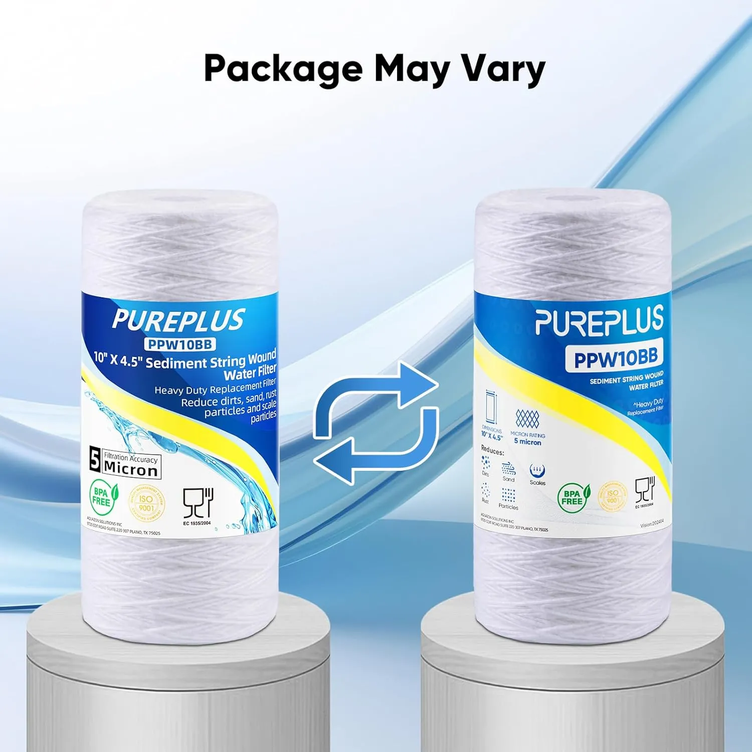 PUREPLUS 5 Micron 10 x 4.5 Whole House String Wound Sediment Filter for Well Water, Replacement Cartridge for 84637, WPX5BB97P, PC10, 355214-45, 355215-45, WP10BB97P, WP5BB97P, 4Pack