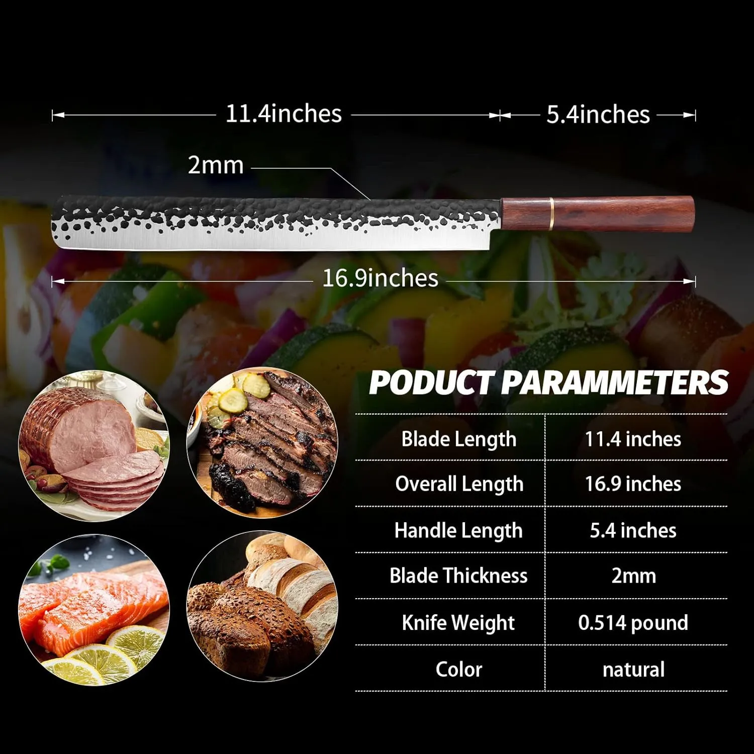 PURPLEBIRD 11 Inch Brisket Knife,Slicing Carving Knife for Meat Cutting Hand Forged Ultra Sharp Meat Slicer Wood Handle for BBQ Grilling Roast with Gift Box