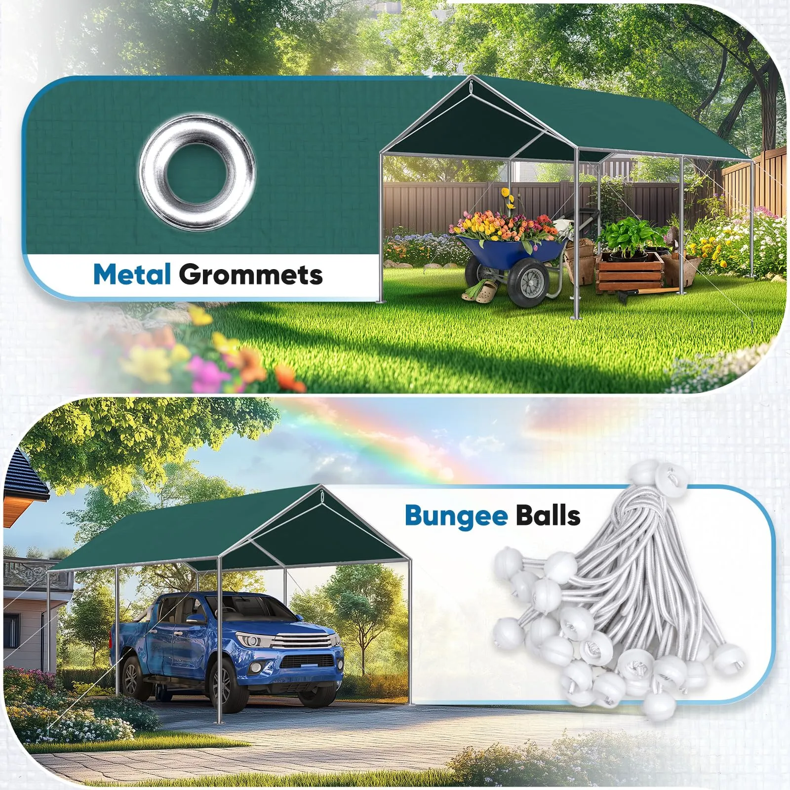 Quictent Carports Replacement Tarp Canopy Top Cover with Bungees Balls, for 10x20 ft Garage Party Tent Shelter - Green, One Roof Only