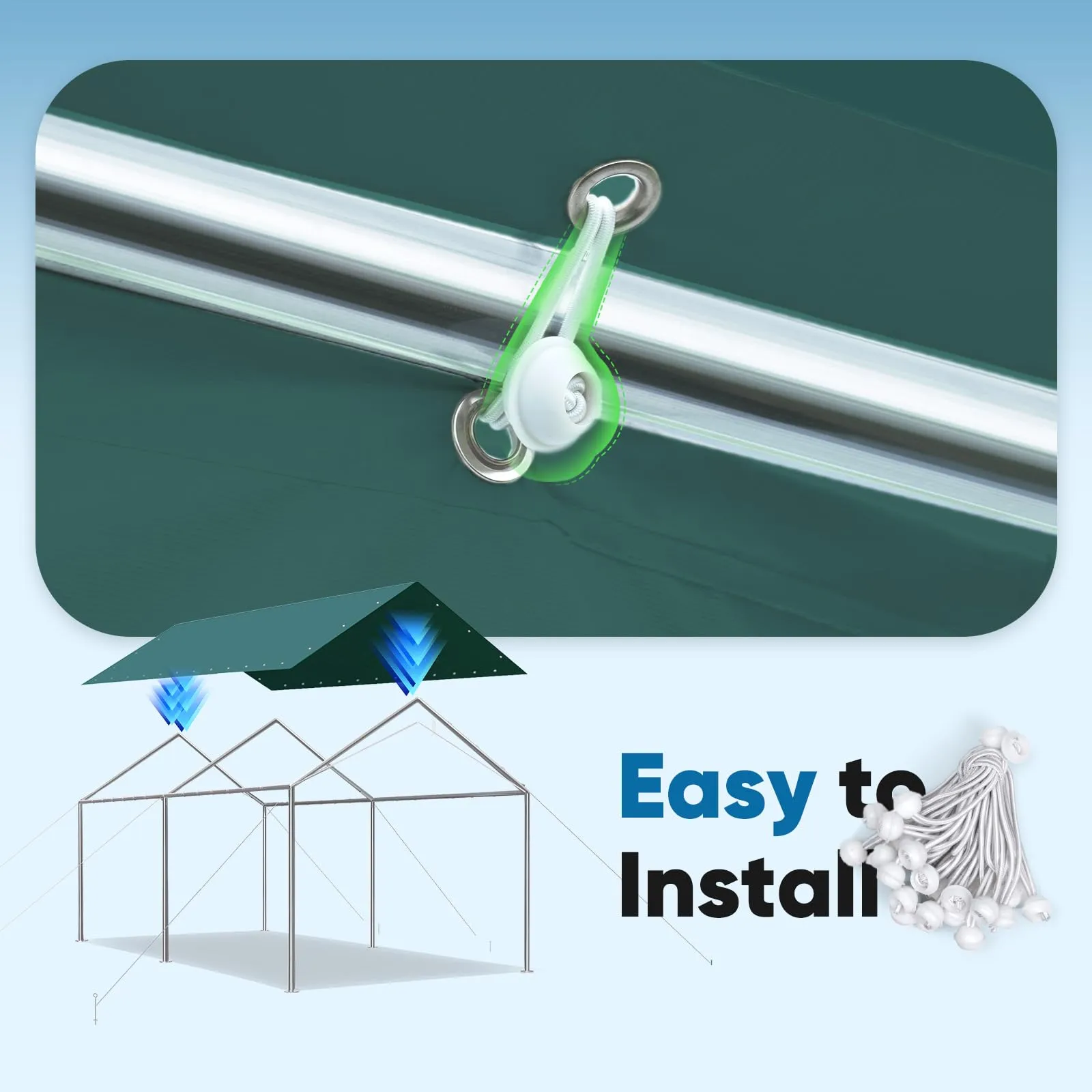 Quictent Carports Replacement Tarp Canopy Top Cover with Bungees Balls, for 10x20 ft Garage Party Tent Shelter - Green, One Roof Only