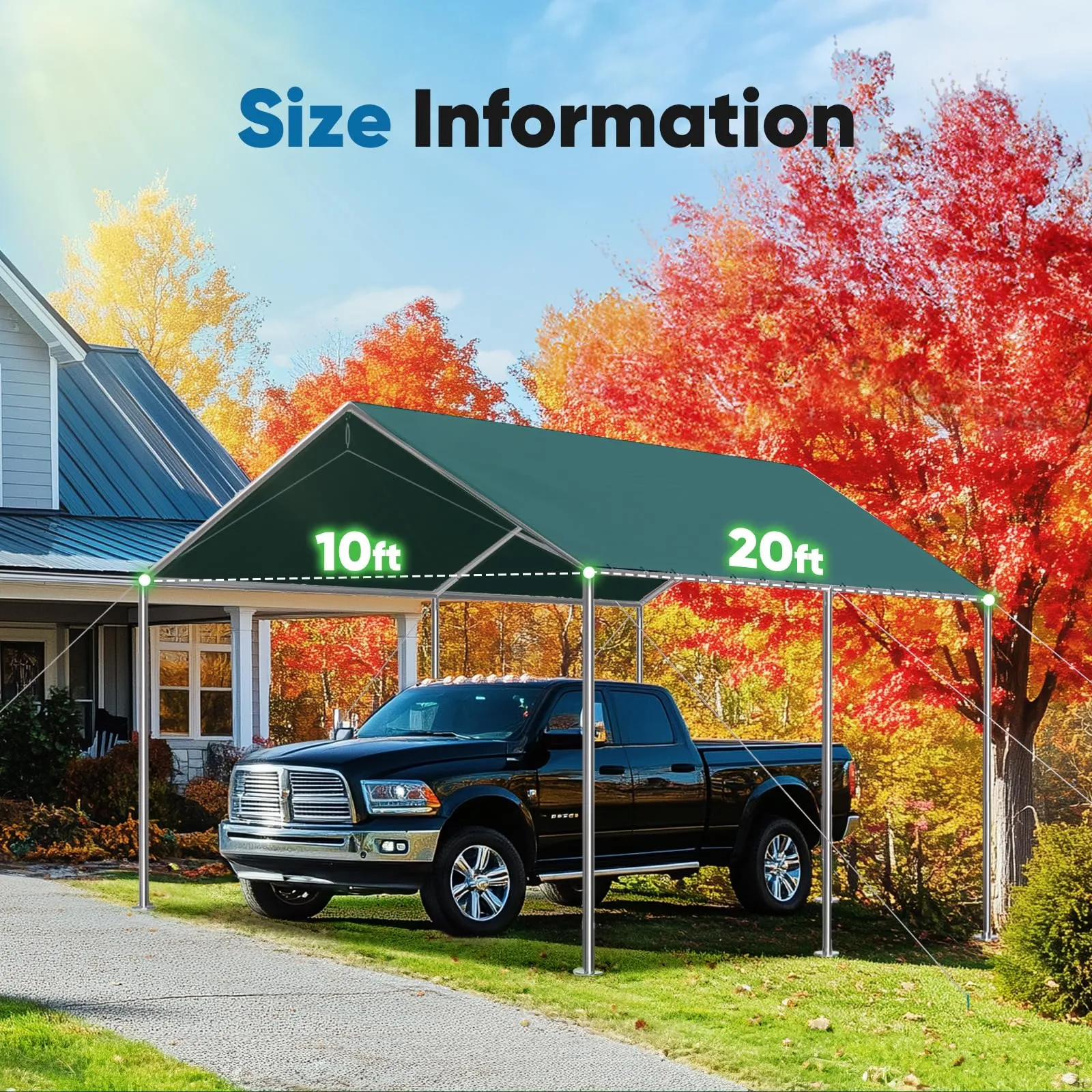 Quictent Carports Replacement Tarp Canopy Top Cover with Bungees Balls, for 10x20 ft Garage Party Tent Shelter - Green, One Roof Only