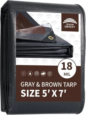 RAINDEWAY 5x7 Feet Super Heavy Duty Tarp 18 Mil, UV Resistant, Weatherproof, Multipurpose Waterproof Poly Tarp with Grommets and Reinforced Edges, Brown/Gray Tarps