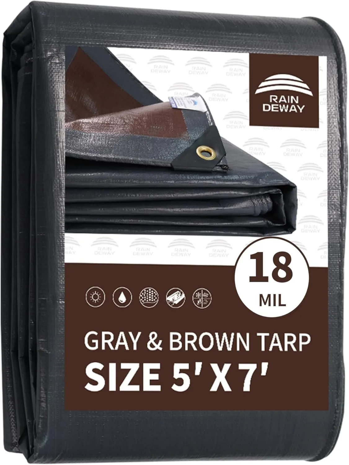 RAINDEWAY 5x7 Feet Super Heavy Duty Tarp 18 Mil, UV Resistant, Weatherproof, Multipurpose Waterproof Poly Tarp with Grommets and Reinforced Edges, Brown/Gray Tarps