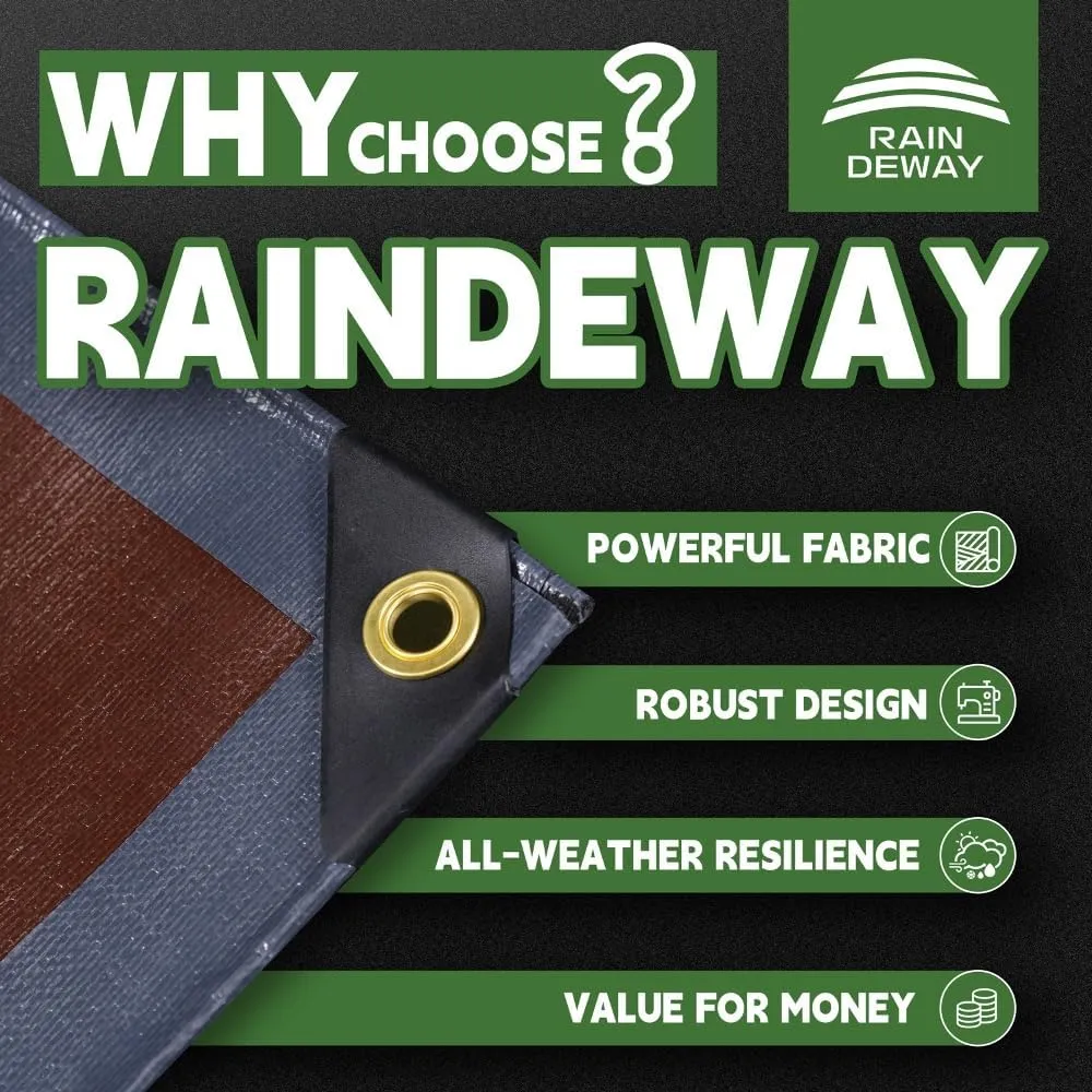 RAINDEWAY 8x8 Feet Super Heavy Duty Tarp 18 Mil, UV Resistant, Weatherproof, Multipurpose Waterproof Poly Tarp with Grommets and Reinforced Edges, Brown/Gray Tarps