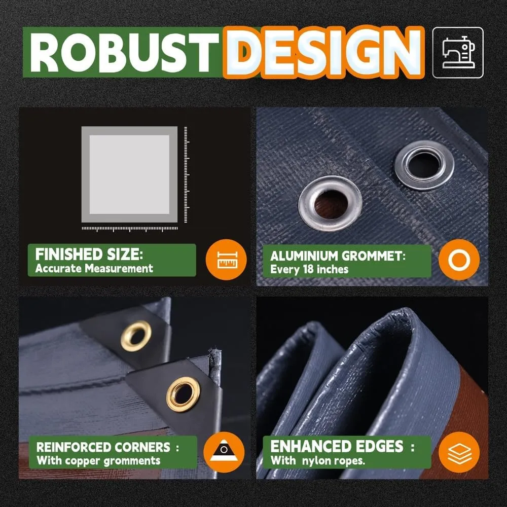 RAINDEWAY 8x8 Feet Super Heavy Duty Tarp 18 Mil, UV Resistant, Weatherproof, Multipurpose Waterproof Poly Tarp with Grommets and Reinforced Edges, Brown/Gray Tarps