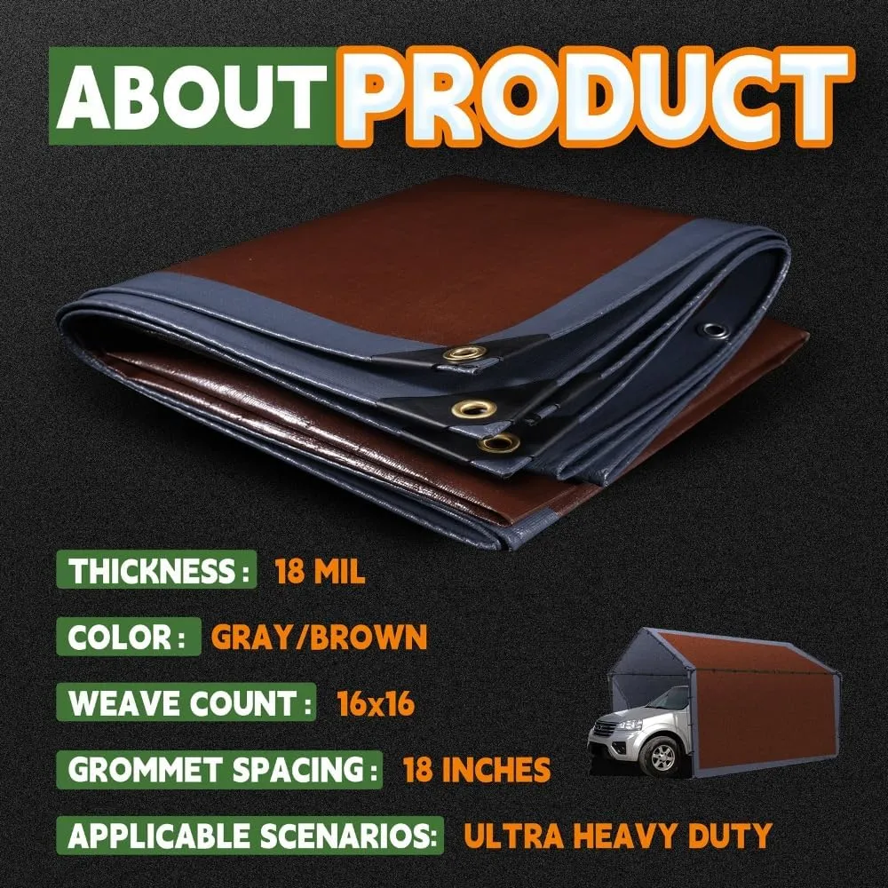 RAINDEWAY 8x8 Feet Super Heavy Duty Tarp 18 Mil, UV Resistant, Weatherproof, Multipurpose Waterproof Poly Tarp with Grommets and Reinforced Edges, Brown/Gray Tarps