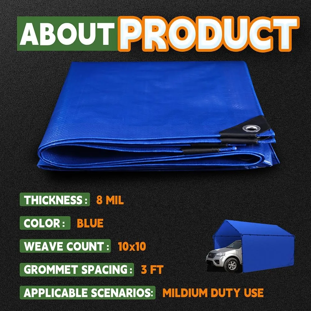 RAINDEWAY Large Tarp 12x20 Feet, 8 Mil Thick, UV Resistant, Multipurpose Waterproof Poly Tarps Cover with Metal Grommets and Reinforced Edges, Durable Blue Tarp