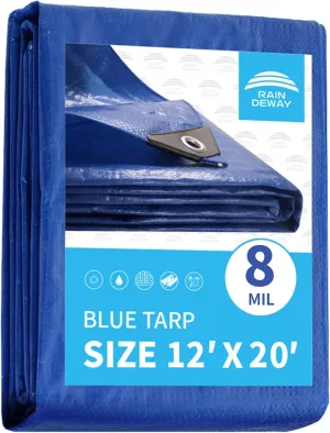 RAINDEWAY Large Tarp 12x20 Feet, 8 Mil Thick, UV Resistant, Multipurpose Waterproof Poly Tarps Cover with Metal Grommets and Reinforced Edges, Durable Blue Tarp