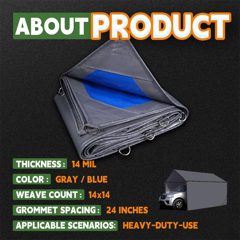 RAINDEWAY Tarps Heavy Duty Waterproof 15x15 Feet -14 Mils Super Heavy Duty Tarp with Metal Rings and Reinforced Corners and Edges, UV Resistant, Multipurpose Poly Tarp,Blue/Gray tarp