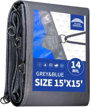 RAINDEWAY Tarps Heavy Duty Waterproof 15x15 Feet -14 Mils Super Heavy Duty Tarp with Metal Rings and Reinforced Corners and Edges, UV Resistant, Multipurpose Poly Tarp,Blue/Gray tarp