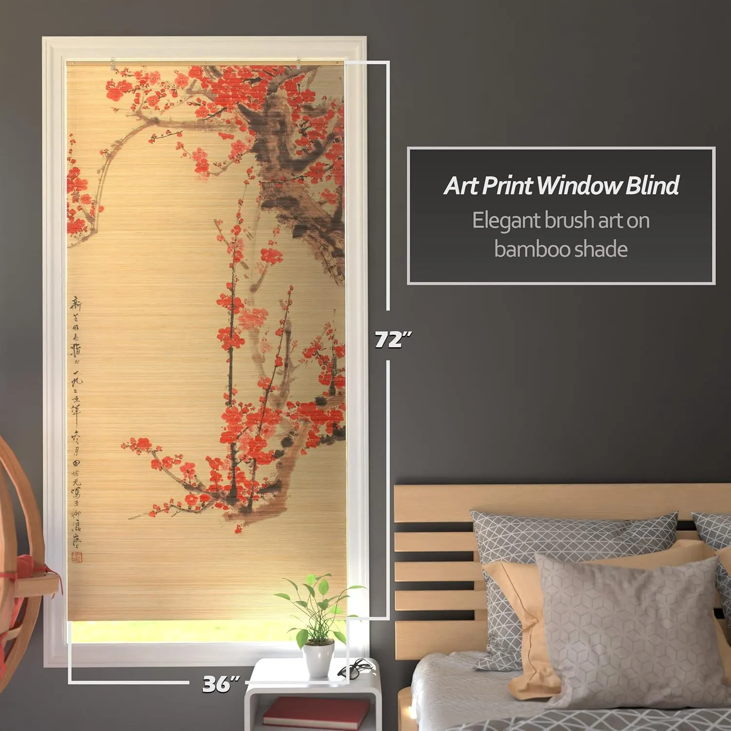 Red Lantern Bamboo Window Shade Blind - Cherry Blossom 36" Wide