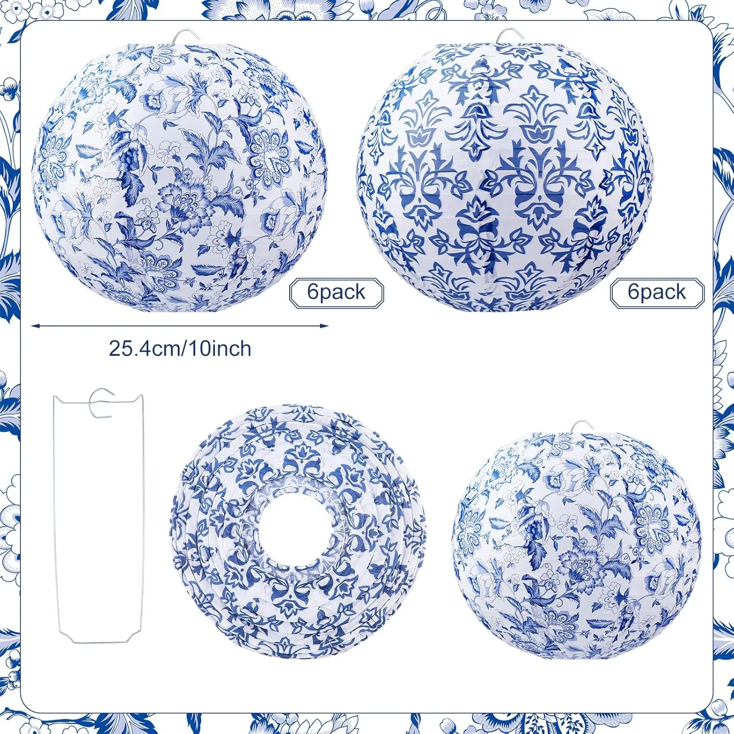 Retisee 12 Pcs Chinoiserie Paper Lantern Set 10 Inches Wedding Blue and White Decoration Blue and White Porcelain Print Decor Chinese Hanging Lantern for Ceiling Birthday Baby Shower Home Decor