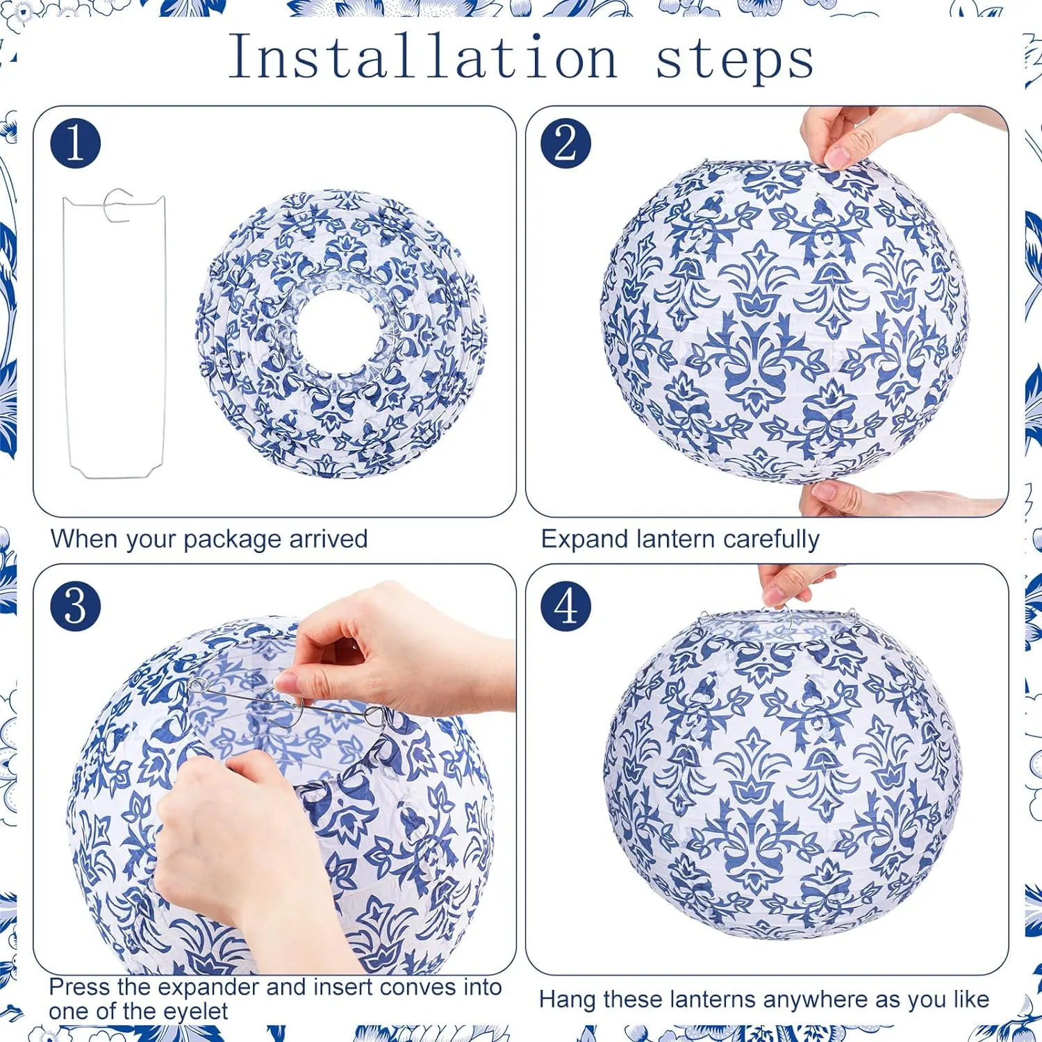 Retisee 12 Pcs Chinoiserie Paper Lantern Set 10 Inches Wedding Blue and White Decoration Blue and White Porcelain Print Decor Chinese Hanging Lantern for Ceiling Birthday Baby Shower Home Decor