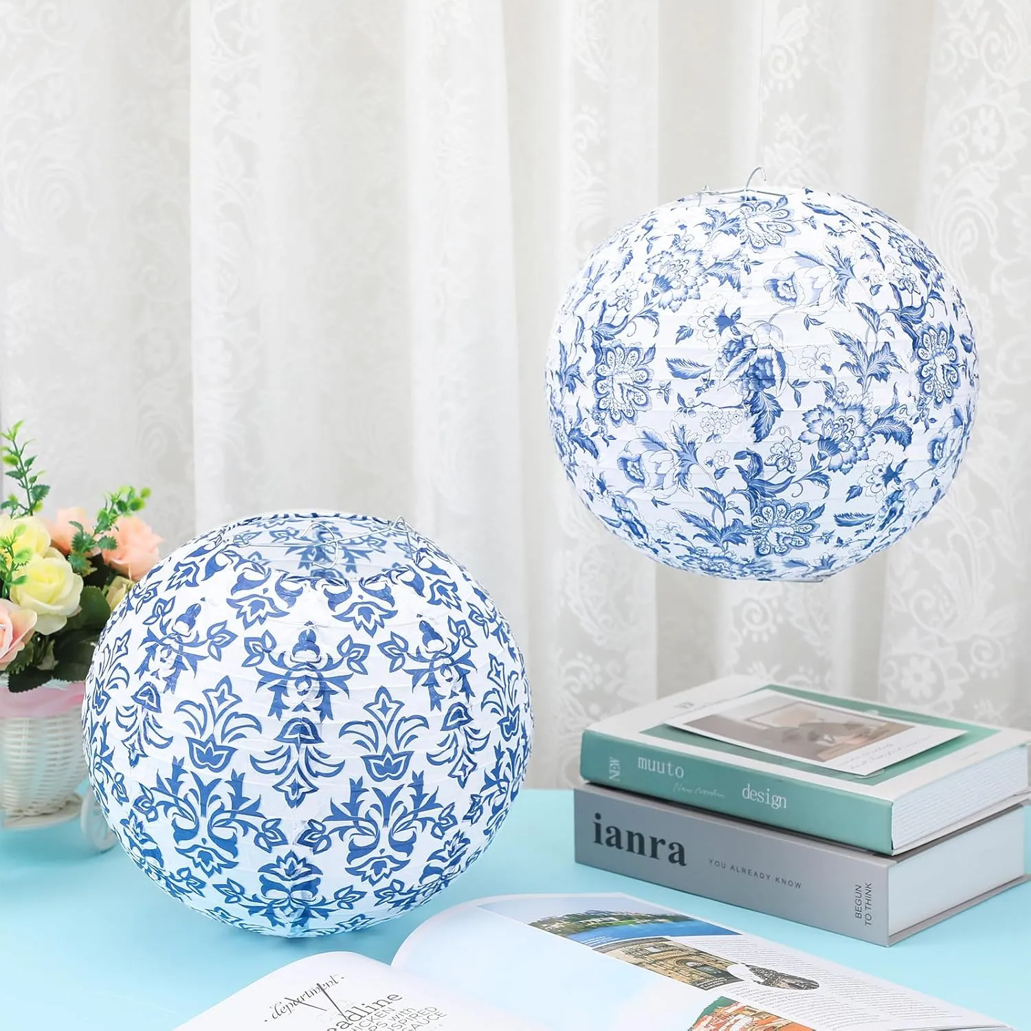 Retisee 12 Pcs Chinoiserie Paper Lantern Set 10 Inches Wedding Blue and White Decoration Blue and White Porcelain Print Decor Chinese Hanging Lantern for Ceiling Birthday Baby Shower Home Decor