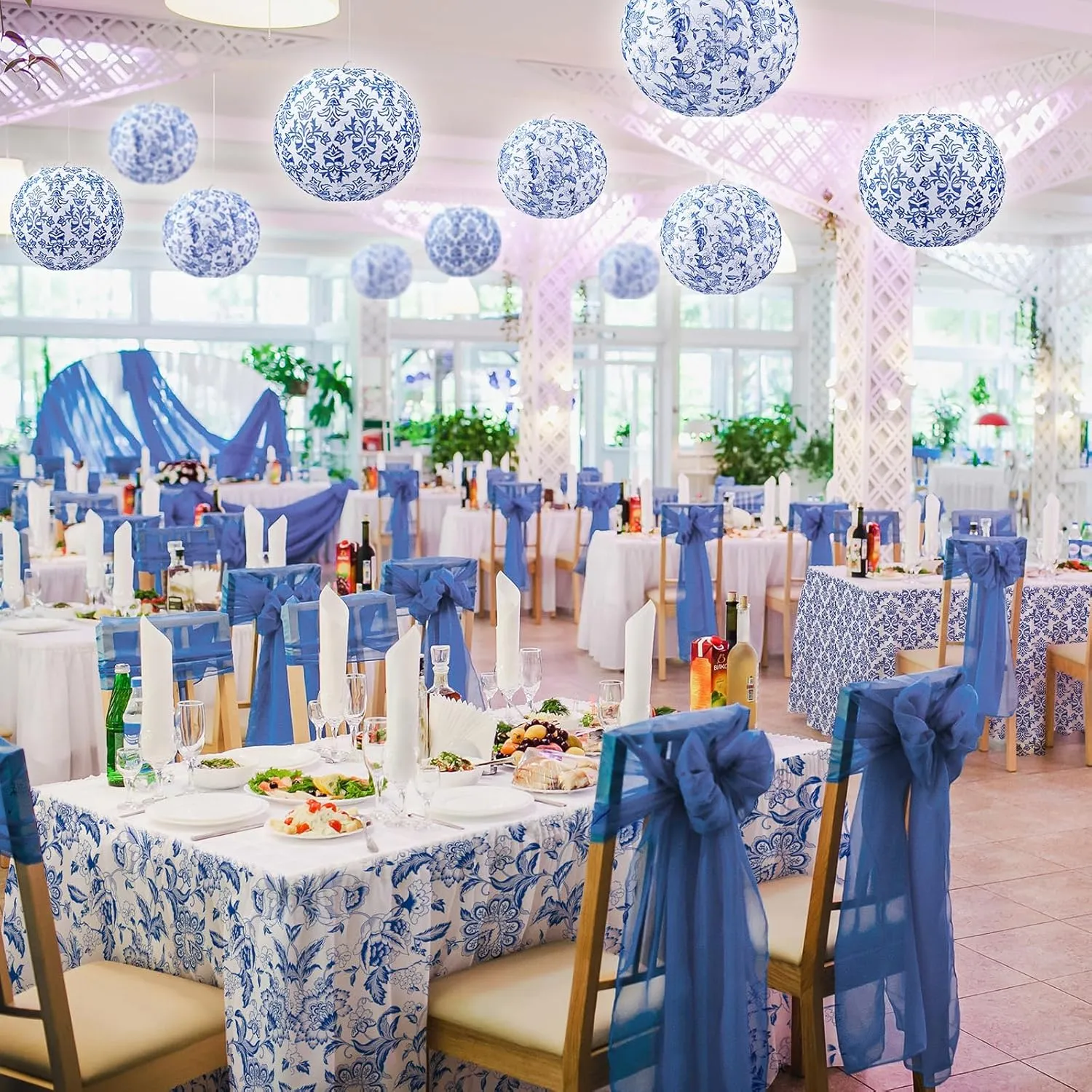 Retisee 12 Pcs Chinoiserie Paper Lantern Set 10 Inches Wedding Blue and White Decoration Blue and White Porcelain Print Decor Chinese Hanging Lantern for Ceiling Birthday Baby Shower Home Decor