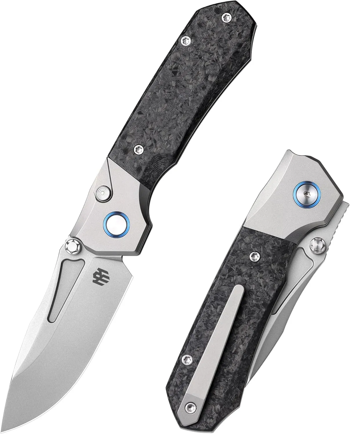 Rhino Series Pocket Knife, Pearlescent M390 Blade, EDC Button Lock Knife, Carbon Fiber Handle with Titanium Cilp, Sharp Fishing Camping Folding Knives for Men and Women (carbon fiber)