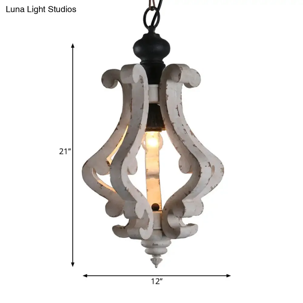 Rustic Wooden Lantern Pendant Ceiling Light - Distressed White Hanging Kit, 1-Light Design
