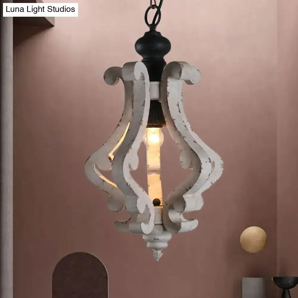 Rustic Wooden Lantern Pendant Ceiling Light - Distressed White Hanging Kit, 1-Light Design