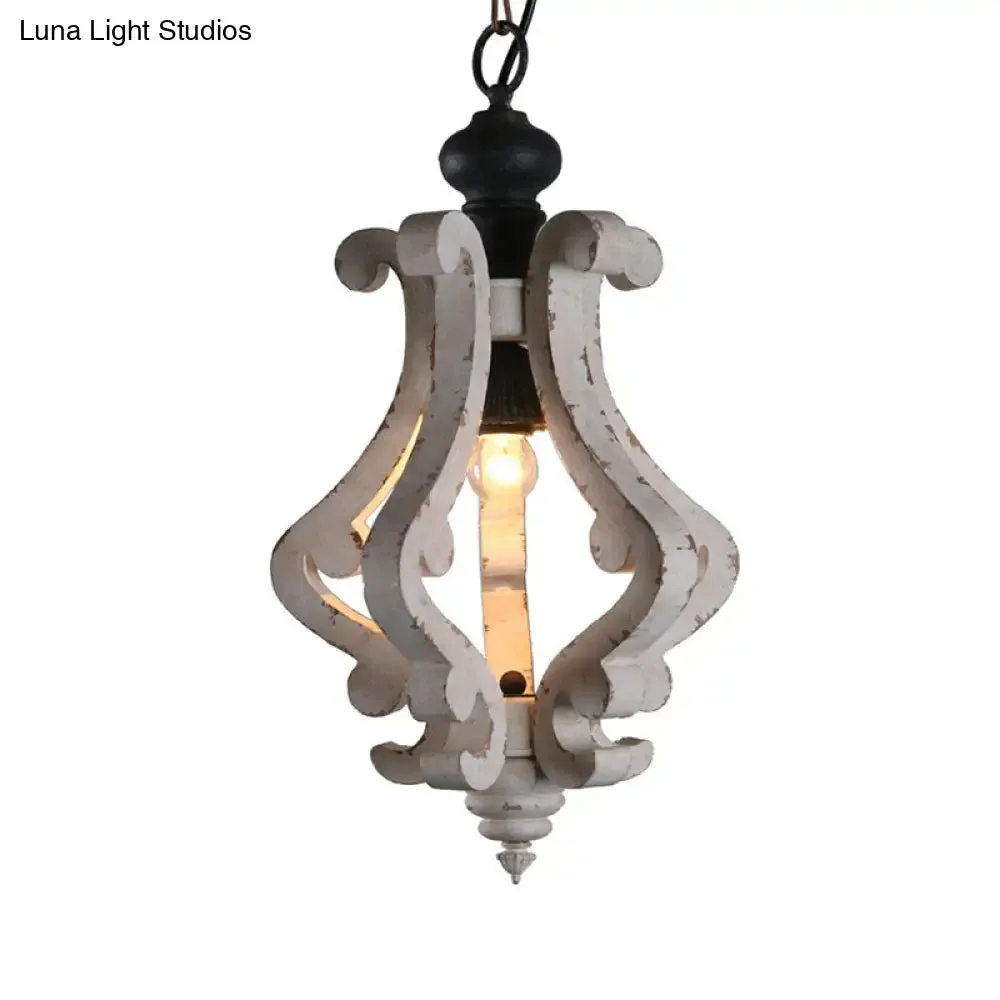 Rustic Wooden Lantern Pendant Ceiling Light - Distressed White Hanging Kit, 1-Light Design