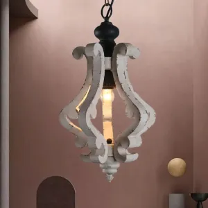 Rustic Wooden Lantern Pendant Ceiling Light - Distressed White Hanging Kit, 1-Light Design