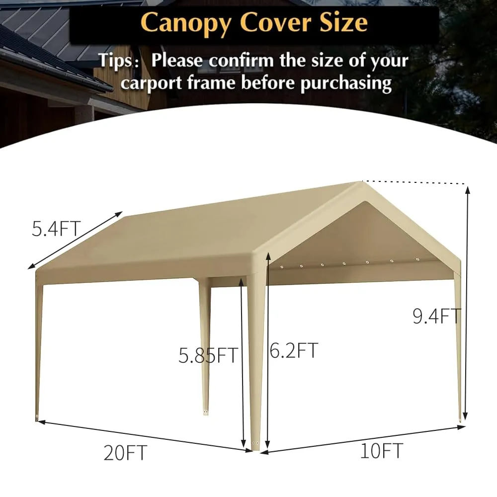 Rutile 10 x 20 FT Carport Replacement Cover, Heavy Duty Car Tarp Canopy Tent Garage Top Shelter Cover with Fabric Leg Pole Skirts and Ball Bungees Beige (Only Top Cover, Frame is not Included)