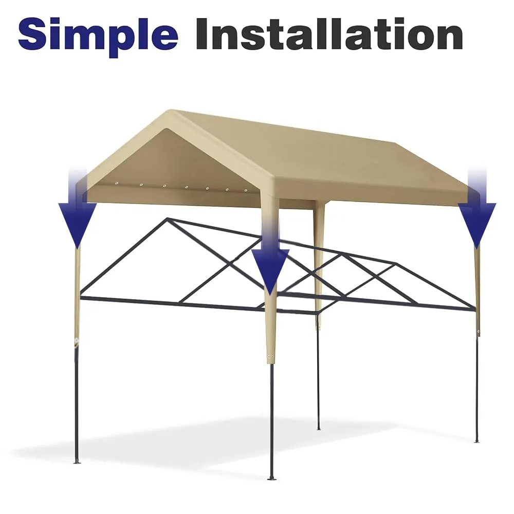 Rutile 10 x 20 FT Carport Replacement Cover, Heavy Duty Car Tarp Canopy Tent Garage Top Shelter Cover with Fabric Leg Pole Skirts and Ball Bungees Beige (Only Top Cover, Frame is not Included)