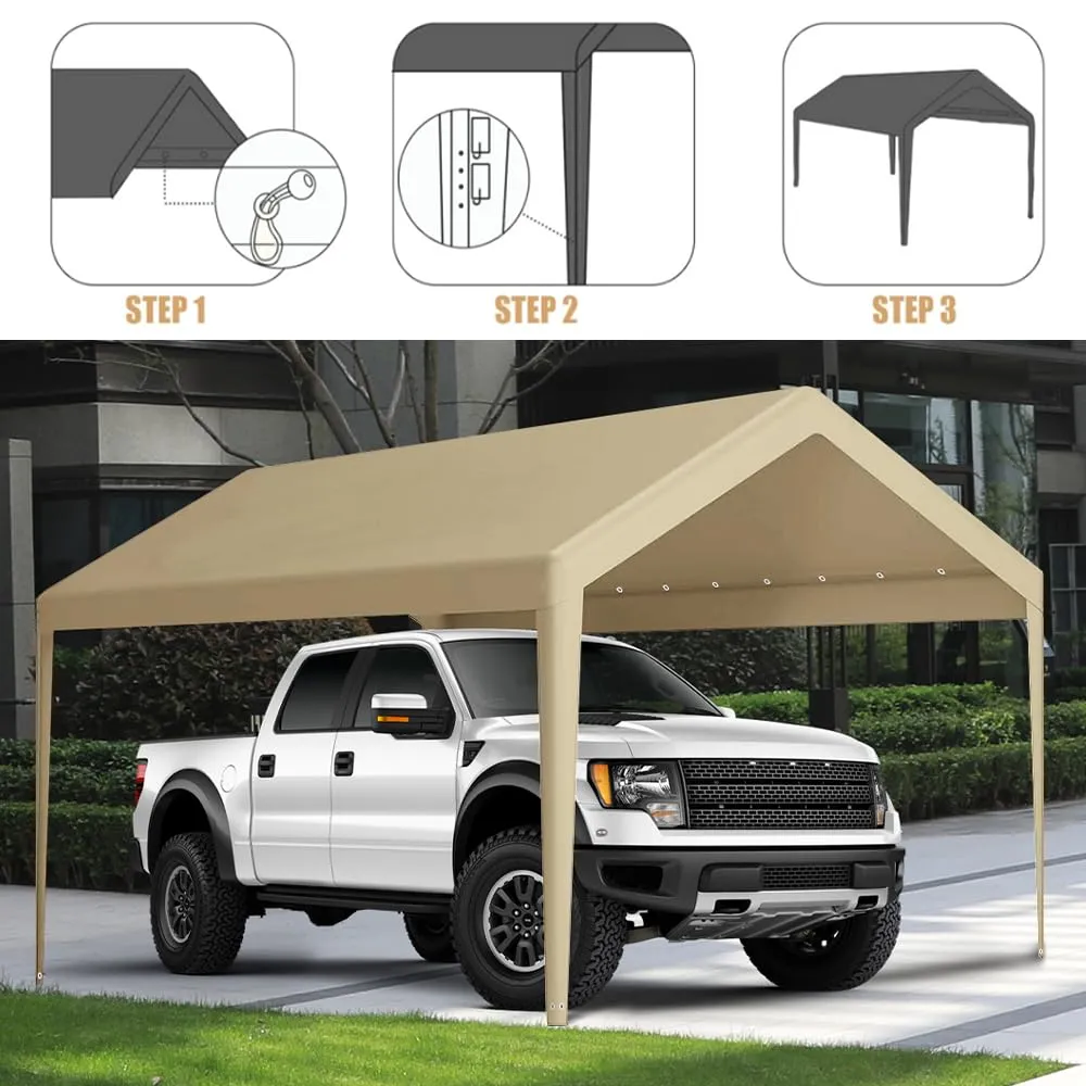 Rutile 10 x 20 FT Carport Replacement Cover, Heavy Duty Car Tarp Canopy Tent Garage Top Shelter Cover with Fabric Leg Pole Skirts and Ball Bungees Beige (Only Top Cover, Frame is not Included)