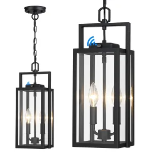 Rynx | Large outdoor pendant light 2-light, 17.75'' twilight to dawn modern black metal outdoor chandelier wall-mounted with clear glass for front porch entrance, 1 pack