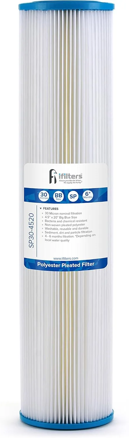 Sediment Pleated Water Filter City or Well Water, Washable 4.5" x 20", 30 Micron