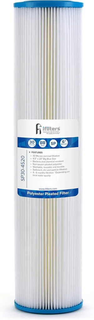 Sediment Pleated Water Filter City or Well Water, Washable 4.5" x 20", 30 Micron