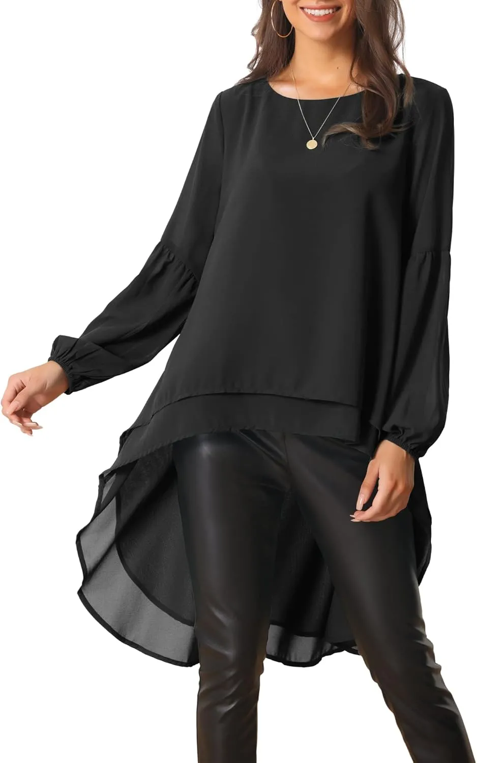 Seta T Women's High Low Tops Lantern Long Sleeve Round Neck Dressy Casual Chiffon Asymmetrical Tops Blouse