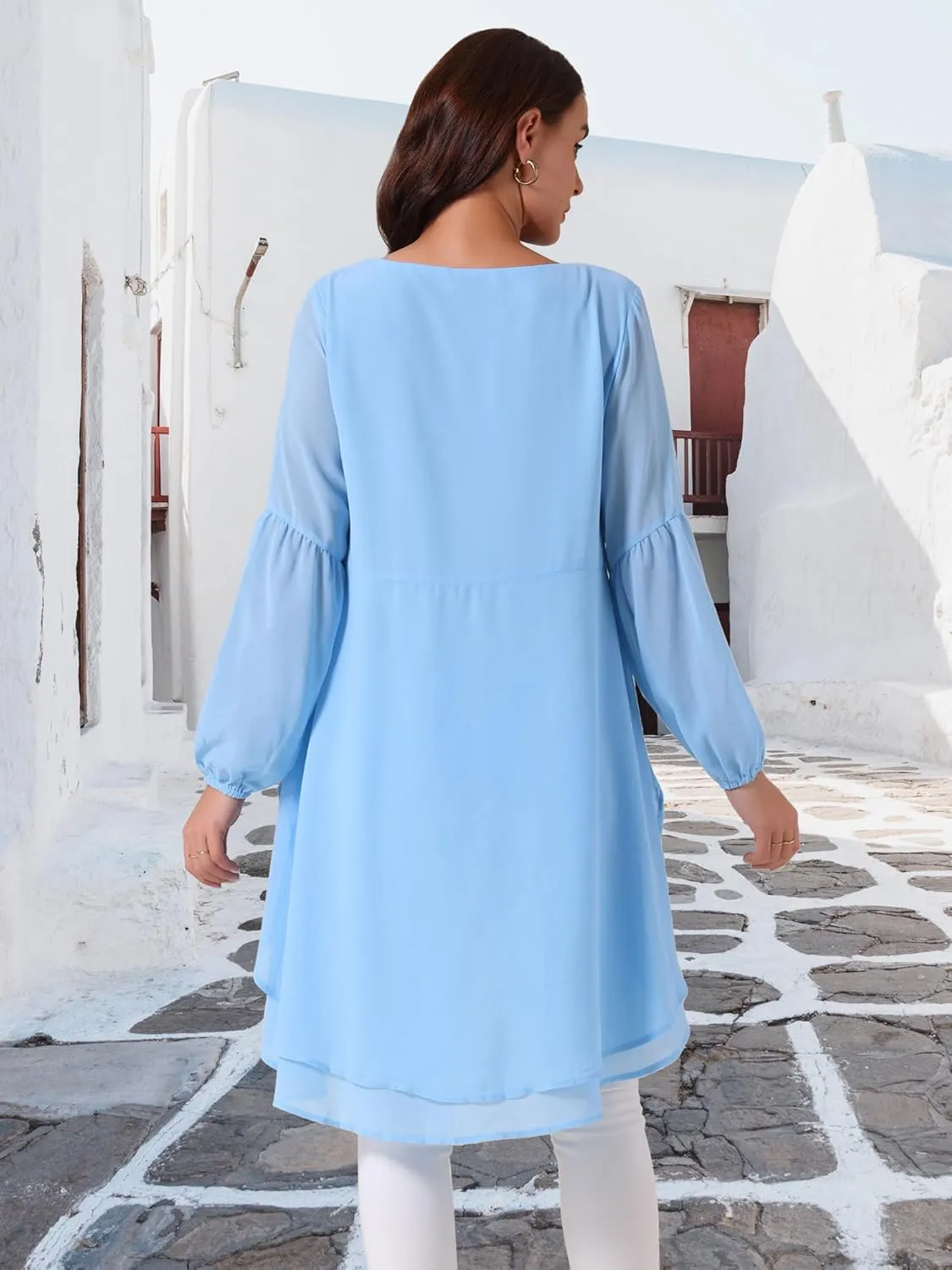 Seta T Women's High Low Tops Lantern Long Sleeve Round Neck Dressy Casual Chiffon Asymmetrical Tops Blouse