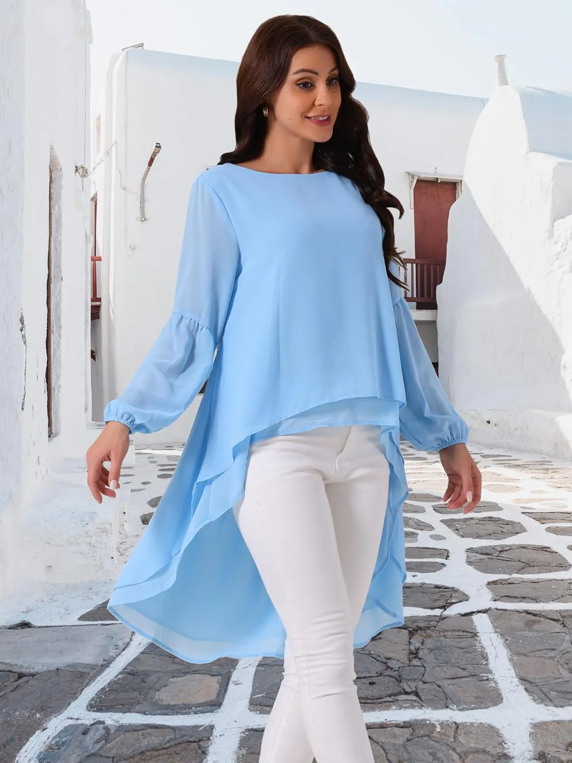Seta T Women's High Low Tops Lantern Long Sleeve Round Neck Dressy Casual Chiffon Asymmetrical Tops Blouse