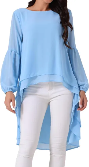 Seta T Women's High Low Tops Lantern Long Sleeve Round Neck Dressy Casual Chiffon Asymmetrical Tops Blouse
