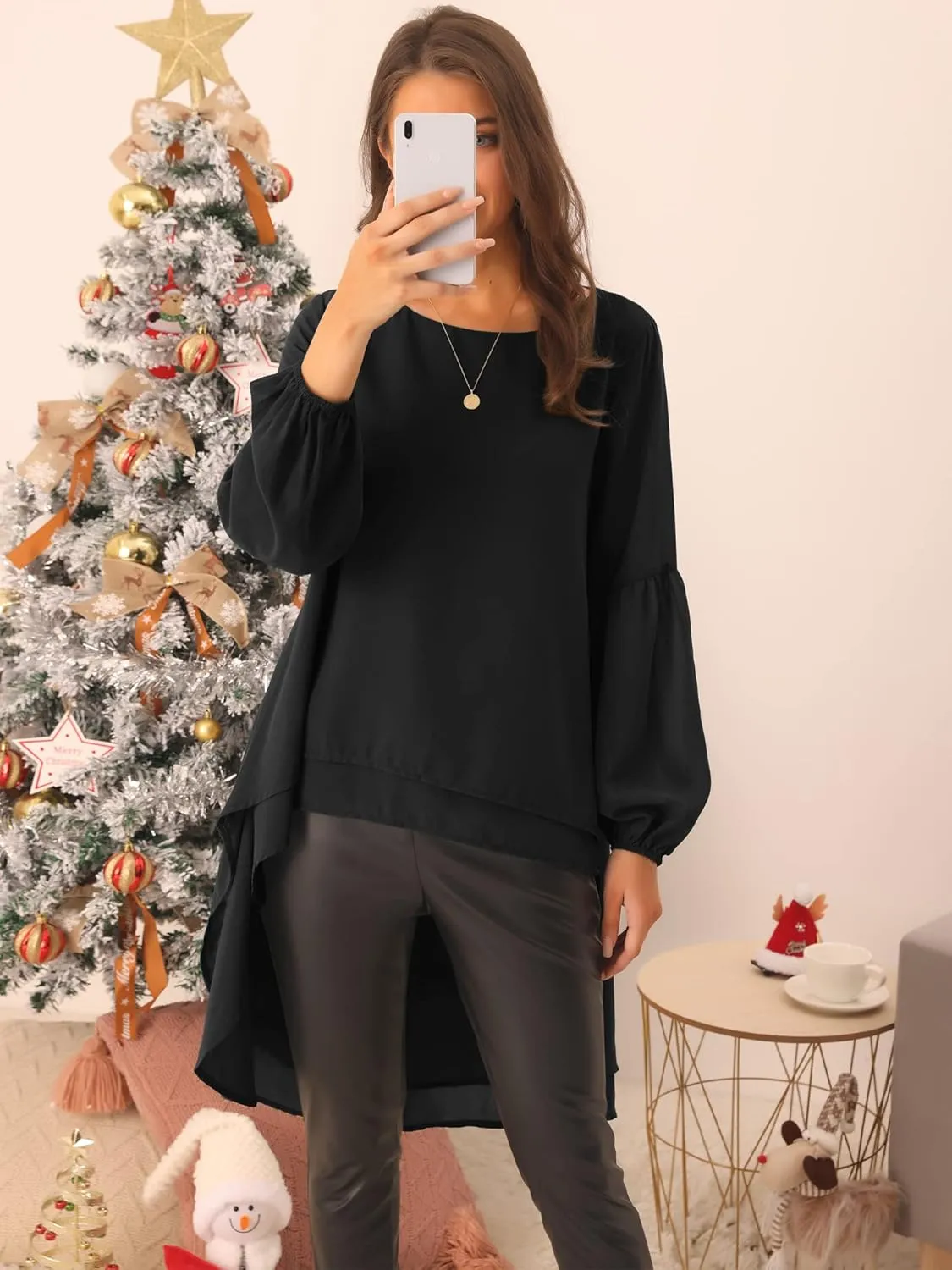 Seta T Women's High Low Tops Lantern Long Sleeve Round Neck Dressy Casual Chiffon Asymmetrical Tops Blouse