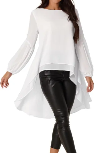 Seta T Women's High Low Tops Lantern Long Sleeve Round Neck Dressy Casual Chiffon Asymmetrical Tops Blouse
