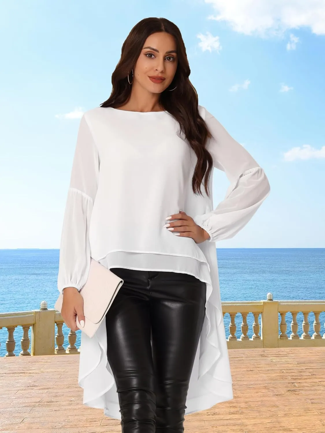 Seta T Women's High Low Tops Lantern Long Sleeve Round Neck Dressy Casual Chiffon Asymmetrical Tops Blouse