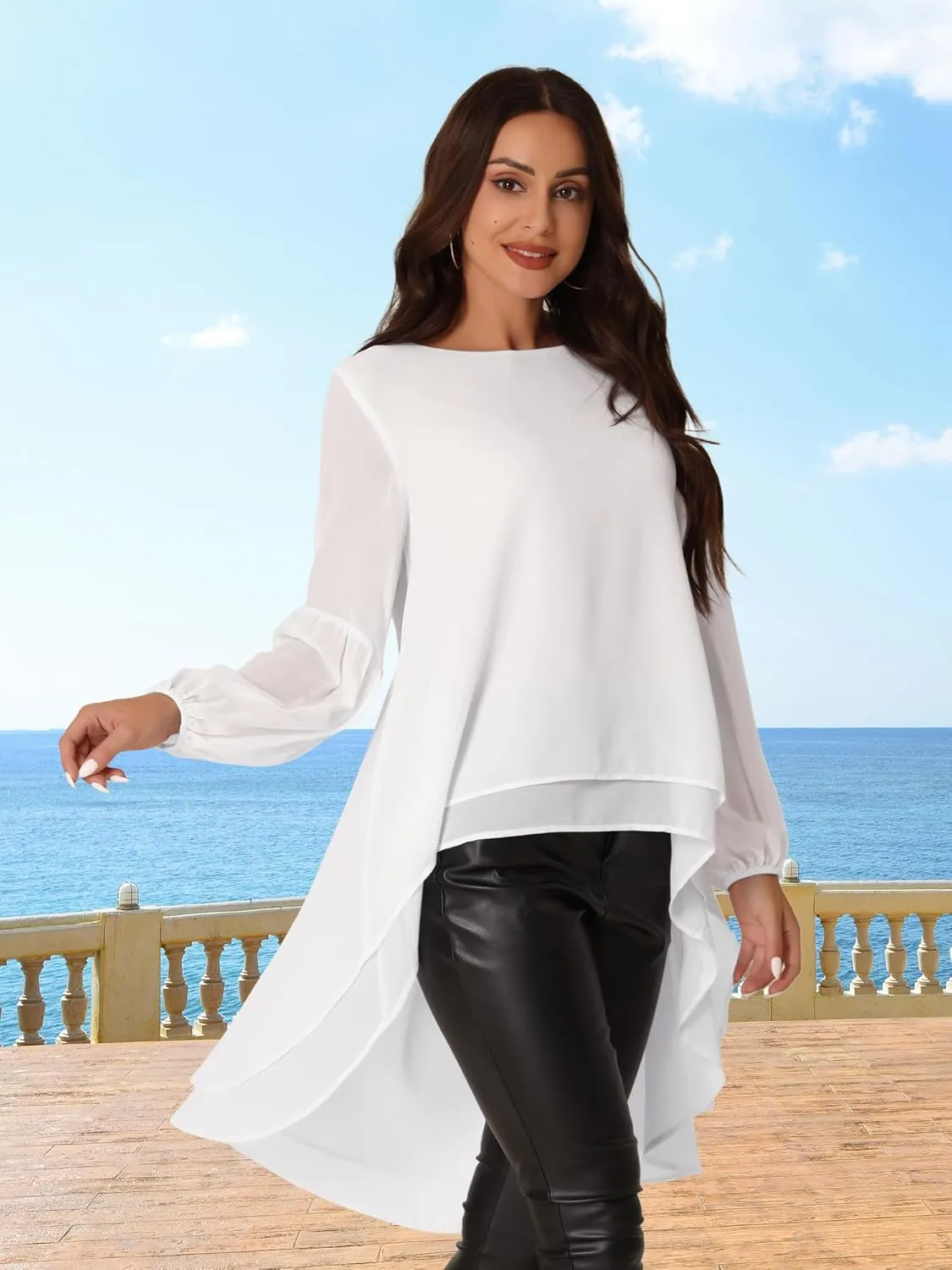 Seta T Women's High Low Tops Lantern Long Sleeve Round Neck Dressy Casual Chiffon Asymmetrical Tops Blouse