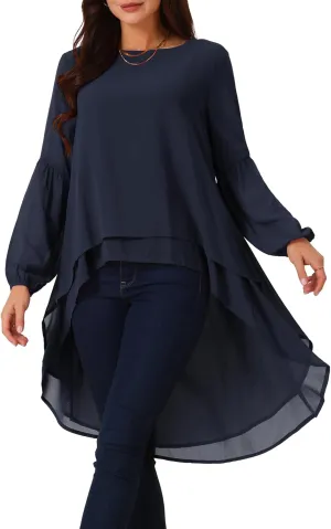Seta T Women's High Low Tops Lantern Long Sleeve Round Neck Dressy Casual Chiffon Asymmetrical Tops Blouse