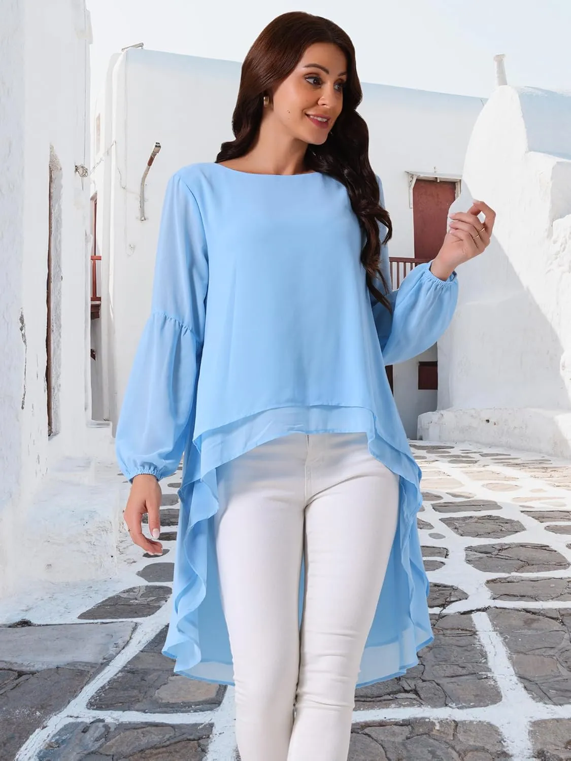 Seta T Women's High Low Tops Lantern Long Sleeve Round Neck Dressy Casual Chiffon Asymmetrical Tops Blouse