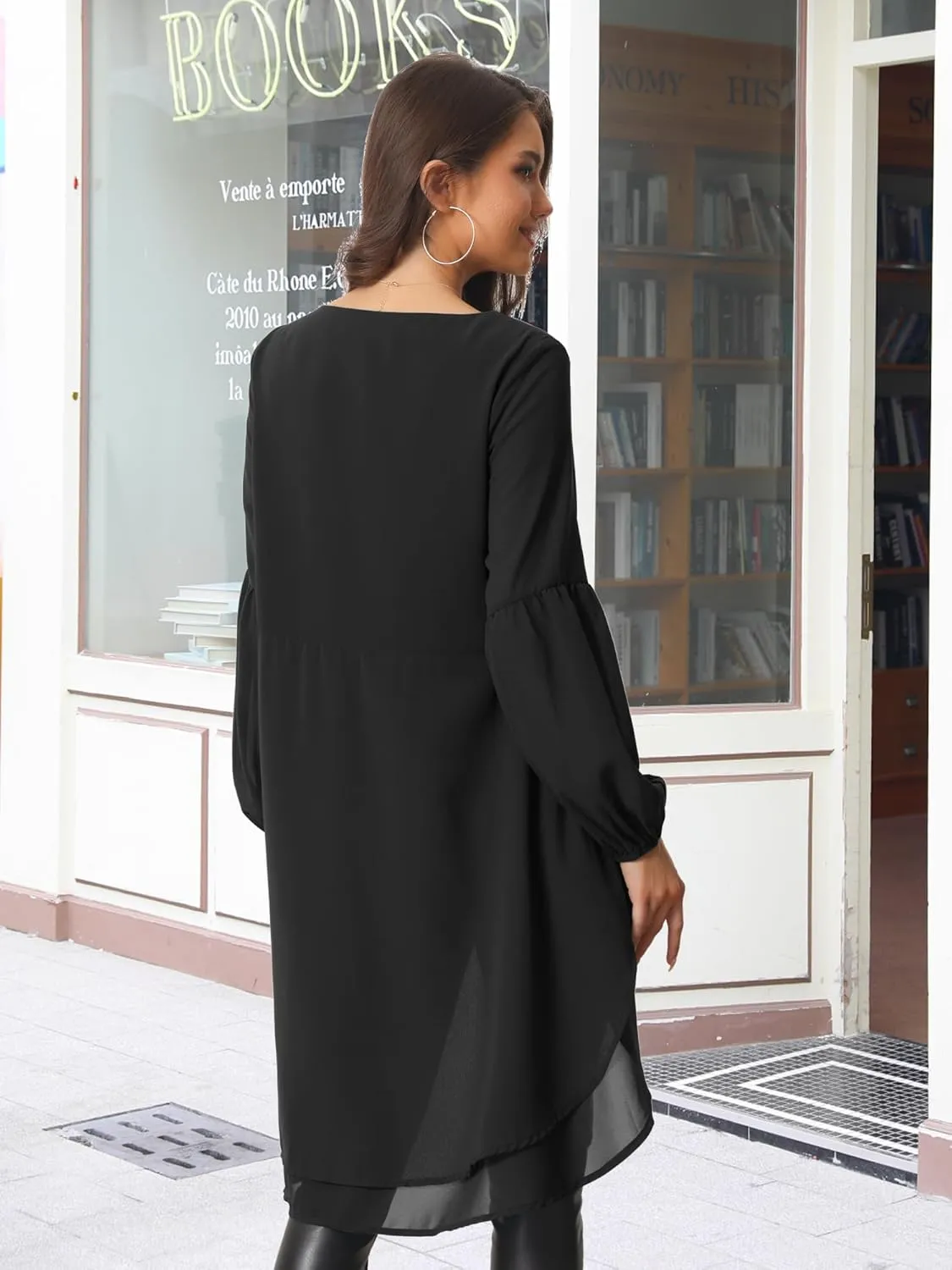 Seta T Women's High Low Tops Lantern Long Sleeve Round Neck Dressy Casual Chiffon Asymmetrical Tops Blouse