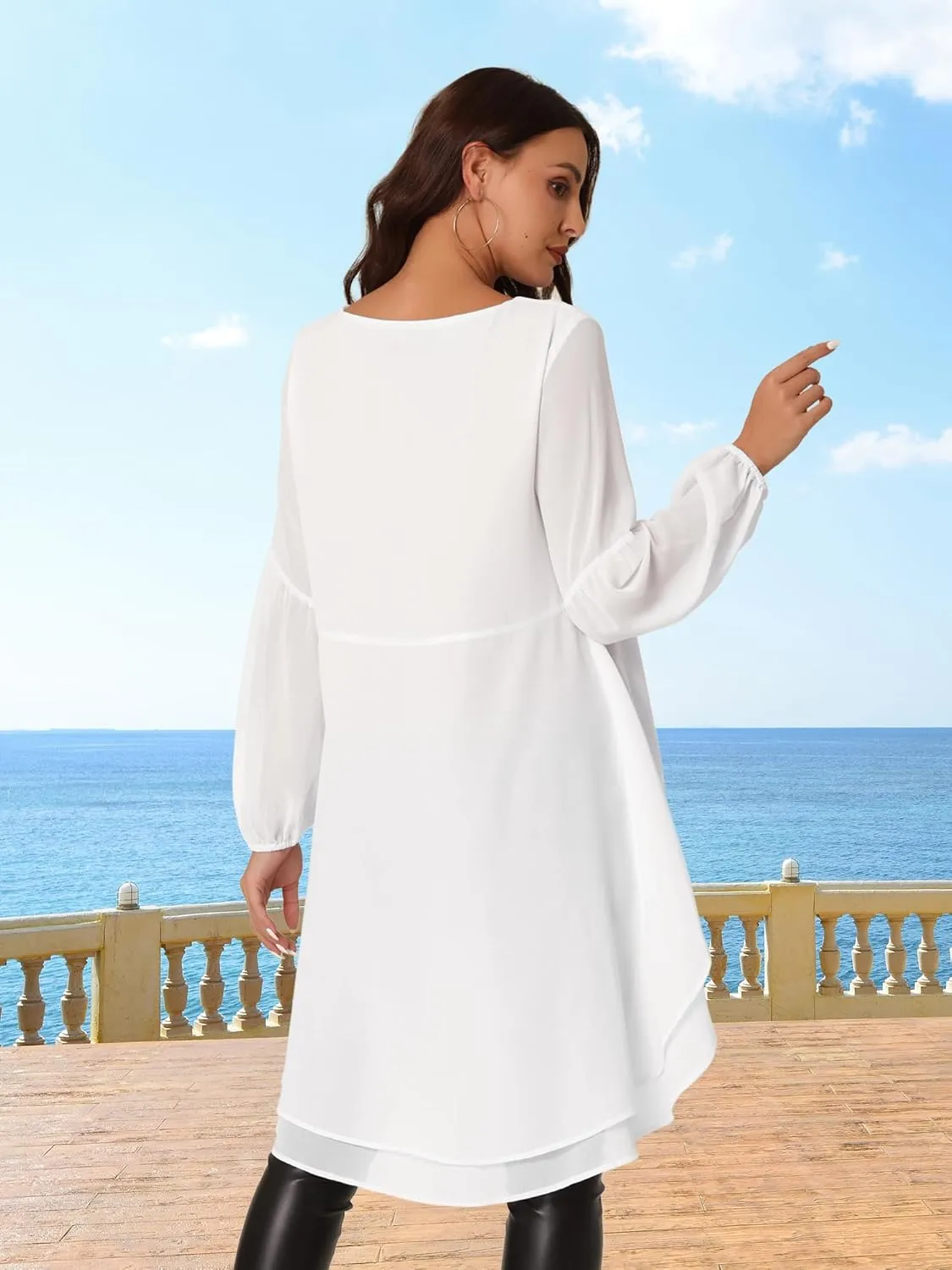 Seta T Women's High Low Tops Lantern Long Sleeve Round Neck Dressy Casual Chiffon Asymmetrical Tops Blouse