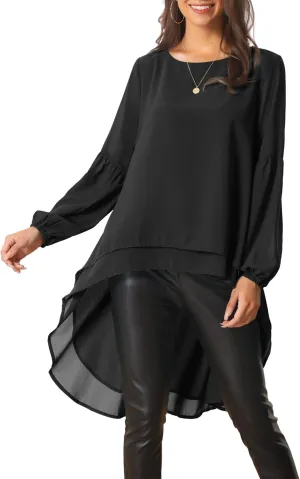 Seta T Women's High Low Tops Lantern Long Sleeve Round Neck Dressy Casual Chiffon Asymmetrical Tops Blouse