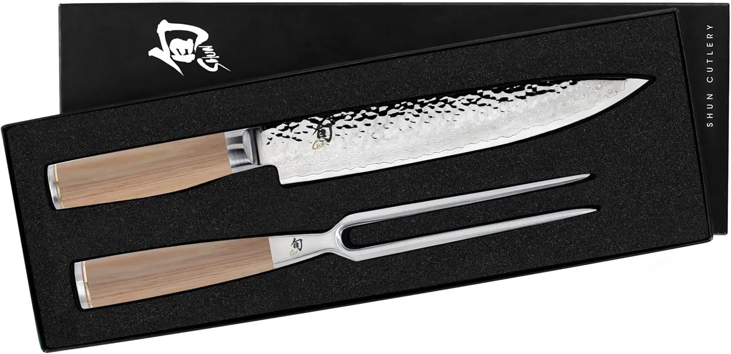 Shun Premier Blonde 2 Piece Carving Set, Includes 9.5" Premier Slicing Knife and Carving Fork, Handcrafted Japanese Knife Set, VG-MAX Core with Damascus Stainless Steel Cladding, Pakkawood Handle